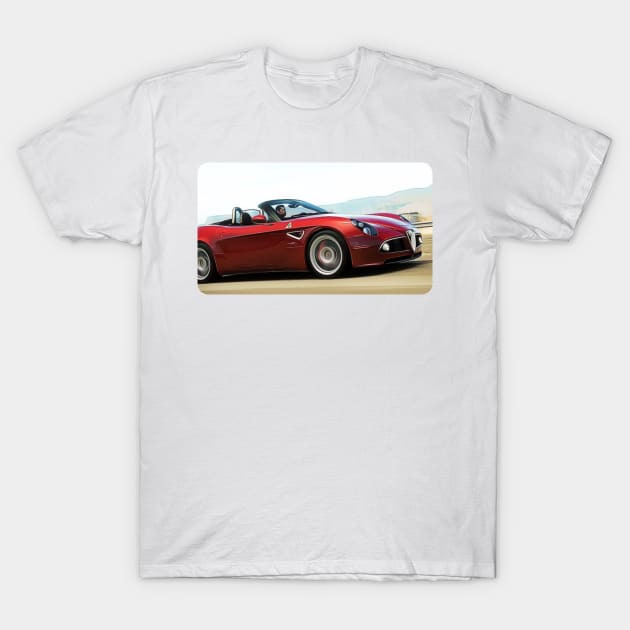 Alfa Romeo 8C Roadster Cartoon Drawing Action Print T-Shirt by Auto-Prints